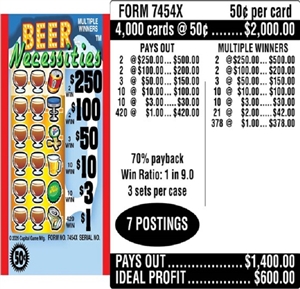 $250 TOP - Form # 7454X Beer Necessities $0.50 Ticket (3-Window)