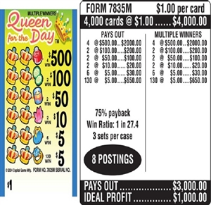 $500 TOP ($5 Bottom) - Form # 7835M Queen For The Day (3-Window)