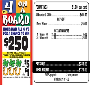 $250 TOP - Form # 7A33 - 4 On A Board $1.00 Bingo Event Ticket