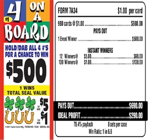 $500 TOP - Form # 7A34 - 4 On A Board $1.00 Bingo Event Ticket