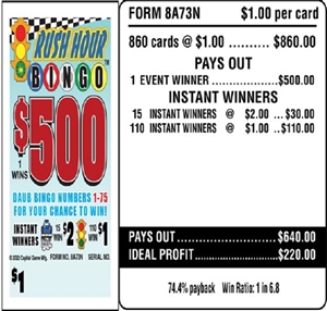 $500 TOP - Form # 8A73N Rush Hour Bingo $1.00 Bingo Event Ticket