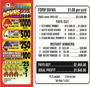 $1,000 TOP - Form # 984WA Race Horse Downs $1.00 Bingo Event Ticket