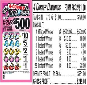 $500 TOP - Form #FCD2 4 Corner Diamonds $1.00 Bingo Event Ticket