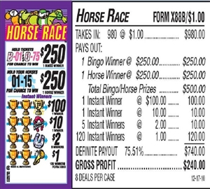 $250 TOP - Form # X88B Horse Race $1.00 Bingo Event Ticket