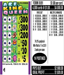 $300 TOP ($5 Bottom) - Form # XV91 Ace, King, Queen (3-Window)