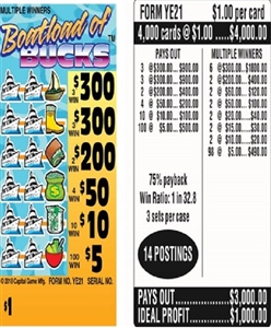 $300 TOP ($5 Bottom) - Form # YE21 Boatload Of Bucks (3-Window)