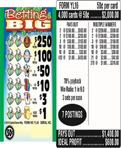 $250 TOP - Form # YL16 Betting Big $0.50 Ticket (3-Window)