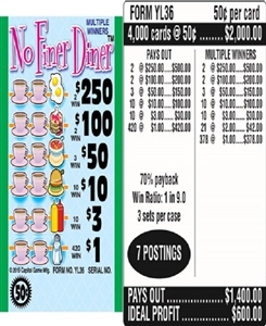 $250 TOP - Form # YL36 No Finer Diner $0.50 Ticket (3-Window)