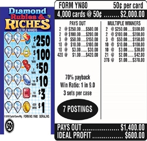 $250 TOP - Form # YN80 Diamond, Rubies, & Riches $0.50 Ticket (3-Window)