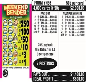 $250 TOP - Form # YN86 Weekend Bender $0.50 Ticket (3-Window)