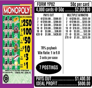 $250 TOP - Form # YP82 Monopoly $0.50 Ticket (3-Window)