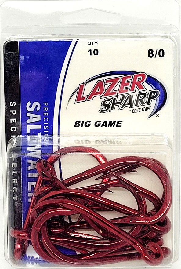 Eagle Claw Lazer Sharp Big Game Saltwater Fishing Hooks - Red 10pk
