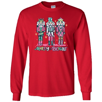 SC Soft Merry & Bright Nutcracker front print on LS-Red