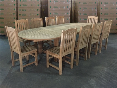 Eden Oval Double Extension Teak Table 200cm Regular To 300cm w/ Extension x 120cm Width Set w/ 10 Menika Dining Chair