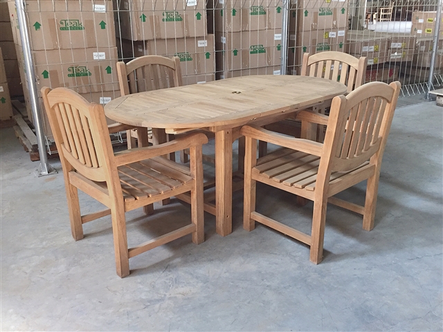 Eden Oval Double Extension Teak Table 130cm Regular To 180cm w/ Extension x 95cm Width Set w/ 4 Manchester Arm Chairs