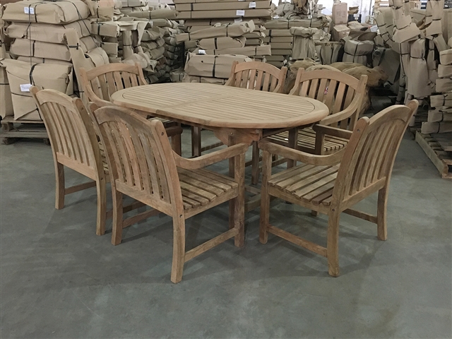 Liverpool Oval Teak Table Set w/ 6 Sulawesi Arm Chairs (170cm x 100cm - Extends to 230cm)