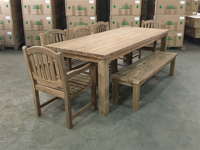 Reclaimed 94" Teak Table SET #401 w/ (5) Manchester Arm Chairs + (1) 170cm/67" BG Backless Bench