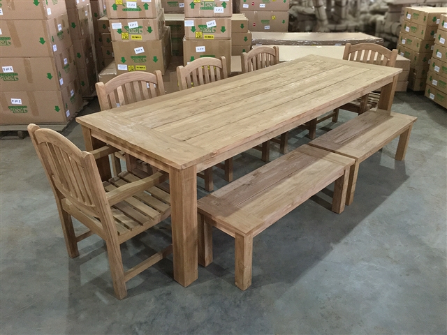 Reclaimed 110" Teak Table SET #805 w/ (5) Manchester Rustic Arm Chairs + (2) 120cm/48" BG Backless Benches