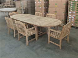 Eden Oval Double Extension Teak Table 200cm Regular To 300cm w/ Extension x 120cm Width Set w/ 6 Sumbawa Arm Chairs
