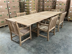 Eden Rectangle Double Extension Teak Table 200cm Regular To 300cm w/ Extension x 120cm Width Set w/ 6 Flores Arm Chairs