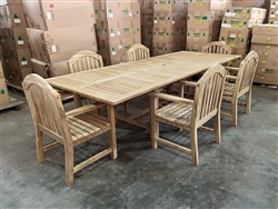 Eden Rectangle Double Extension Teak Table 200cm Regular To 300cm w/ Extension x 120cm Width Set w/ 6 Tristan Arm Chairs