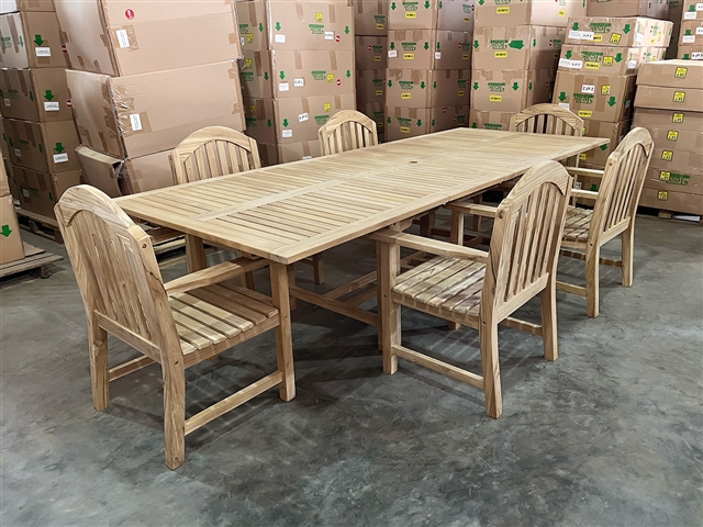 Eden Rectangle Double Extension Teak Table 200cm Regular To 300cm w/ Extension x 120cm Width Set w/ 6 Tristan Arm Chairs