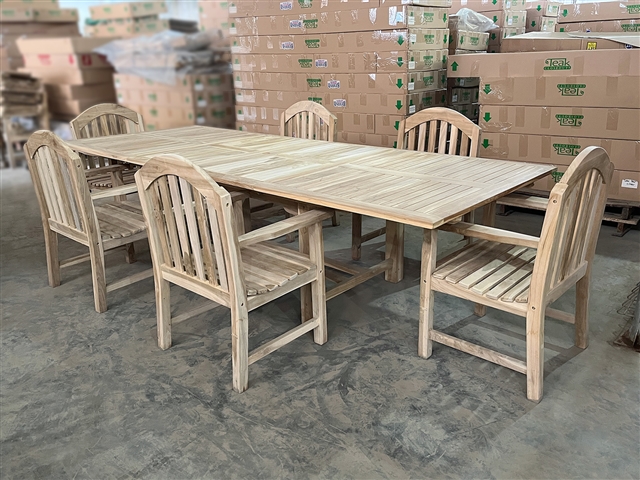 Eden Rectangle Double Extension Teak Table 200cm Regular To 300cm w/ Extension x 120cm Width Set w/ 6 Tristan Arm Chairs