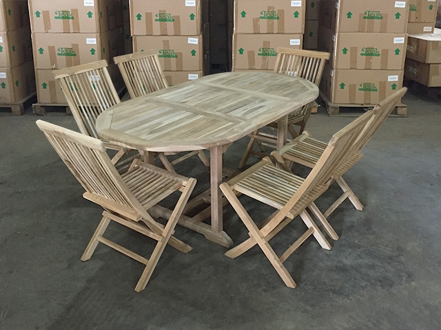 Demeling Oval Teak Table Set w/ 6 Shelia Premium Folding Chairs (120cm x 90cm - Extends to 170cm)