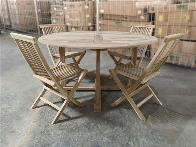 150cm/47" Elma Teak Round Table Set w/ 4 Shelia Premium Folding Chairs