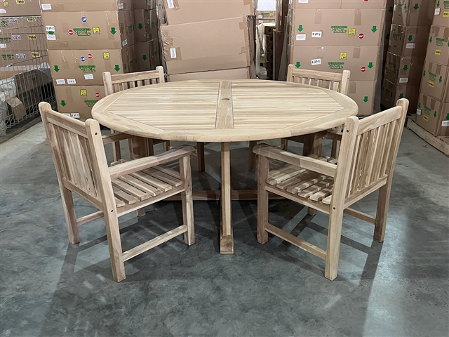 180cm/71" Elma Teak Round Table Set w/ 4 Sari Arm Chairs