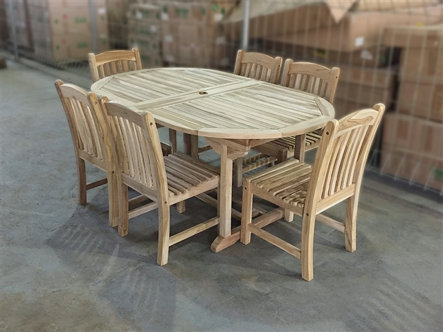 Greystone Oval Double Extension Teak Table Set w/ 6 Sumbawa Dining Chairs (180cm x 110cm - Extends to 240cm)