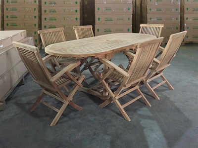 Maharani Oval Teak Table Set w/ 6 Shelia Classic Teak Folding Arm Chair (150cm x 90cm - Extends to 200cm)