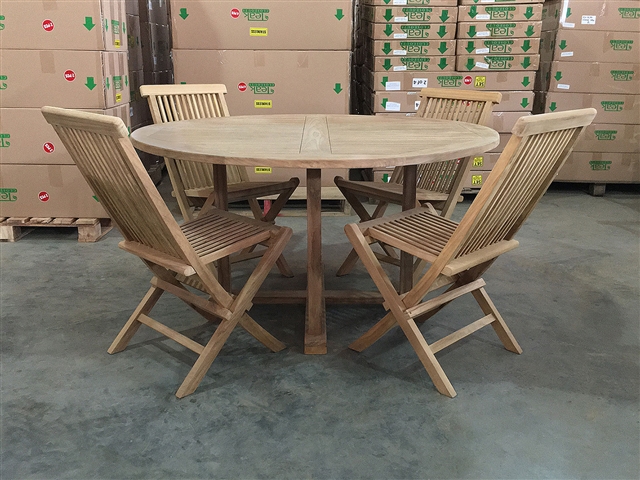 140cm/55" Andien Teak Round Table SET w/ 4 Shelia Premium Folding Chairs