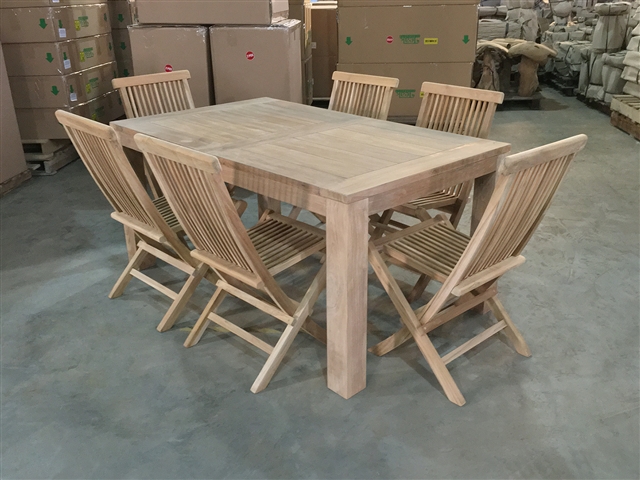 Wales Rectangle Teak Table 160 x 95cm Set w/ 6 Shelia Premium Folding Chairs