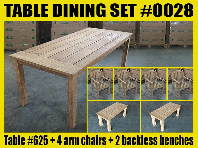 Reclaimed 87" Teak Table SET #0028 w/ (2) 90cm/36" Juwana Backless Bench + (4) Manchester Arm Chairs