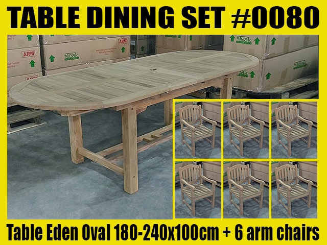 Eden Oval Double Extension Teak Table 180cm Regular to 240cm w/ Extension x 100cm Width SET #0080 w/ 6 Manchester Arm Chairs