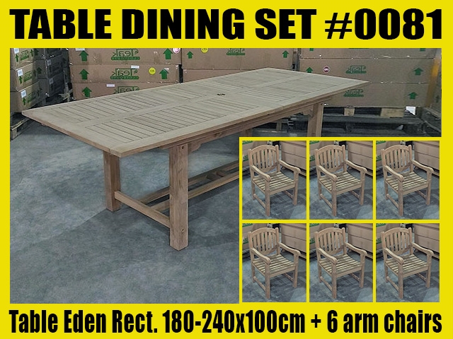 Eden Rectangle Double Extension Teak Table 180cm Regular to 240cm w/ Extension x 100cm Width SET #0081 w/ 6 Manchester Arm Chairs