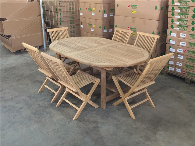 Kalimantan Oval Double Extension Teak Table 180cm Regular To 240cm w/ Extension x 120cm Width Set w/ 6 Shelia Premium Folding Chairs