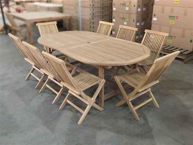 Kalimantan Oval Double Extension Teak Table 240cm Regular To 300cm w/ Extension x 120cm Width Set w/ 8 Shelia Premium Folding Chairs