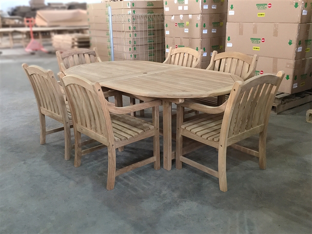 Kalimantan Oval Double Extension Teak Table 220cm Regular To 300cm w/ Extension x 120cm Width Set w/ 6 Sulawesi  Arm Chairs