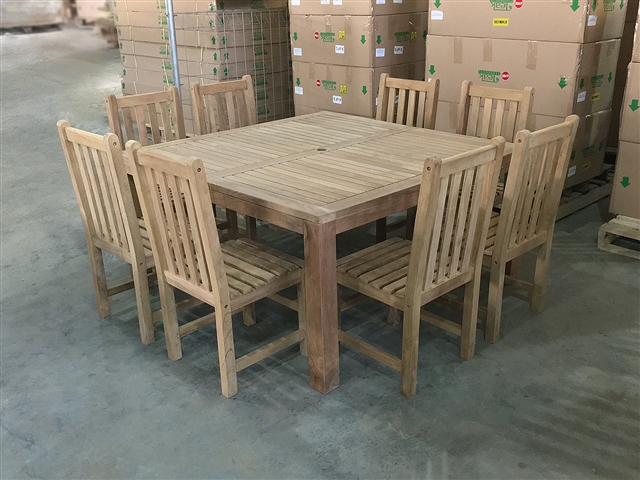 150cm/59" Rinjani Teak Square Table SET w/ 8 London Dining Chairs