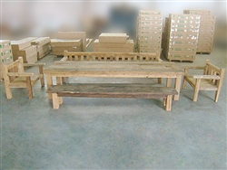 Mutt Recycled Teak Table Set w/ (1) Bench, (1) Backless Bench and (2) Armchairs