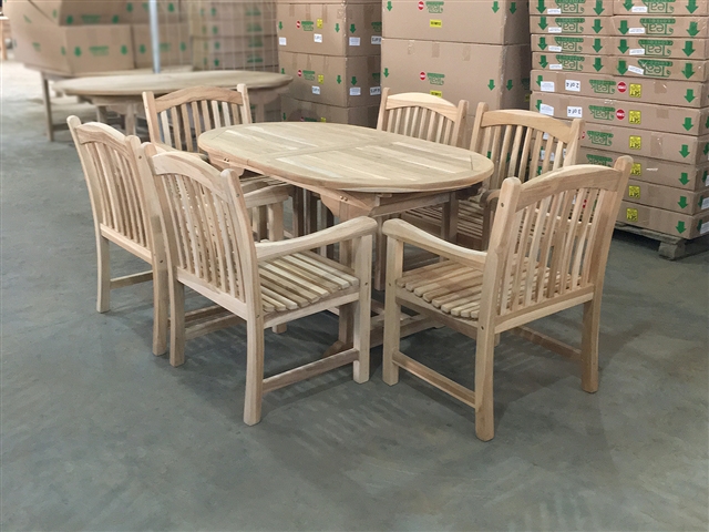 Suwawal Oval Extension Teak Table Set w/ 6 Slagi Arm Chairs (150cm x 90cm - Extends to 200cm)