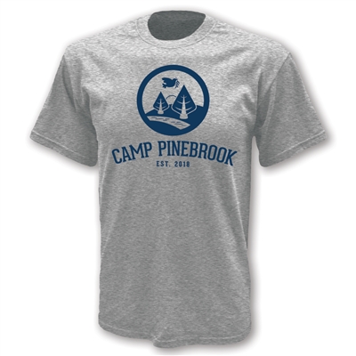 Heavyweight 100% cotton t-shirt with athletic styling. Printed with Camp Pinebrook logo.
