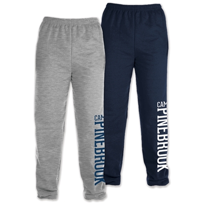 50/50 cotton/poly heavyweight sweatpants. Printed with Camp Pinebrook wordmark.