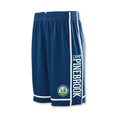 100% polyester wicking knit shorts. Printed with Camp Pinebrook logo.