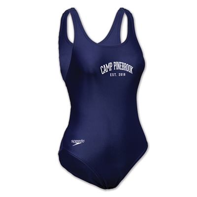 Ladies swimsuit. Printed with Camp Pinebrook wordmark.