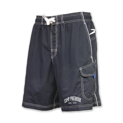 Nylon board shorts. Printed with Camp Pinebrook wordmark.