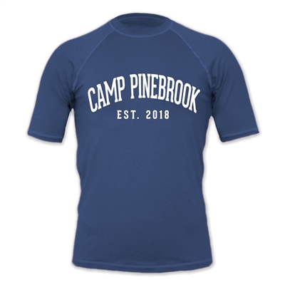 Rash guard t-shirt with UPF 50+. Printed with Camp Pinebrook logo.