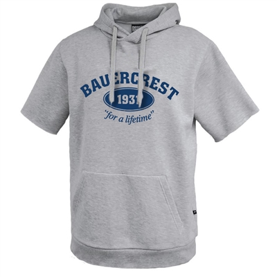 Short Sleeve Hoodie made of 9.5 oz. premium fleece 60/40 cotton/polyester blend. Printed with Bauercrest - 1931 - "It's A Lifetime" across chest.